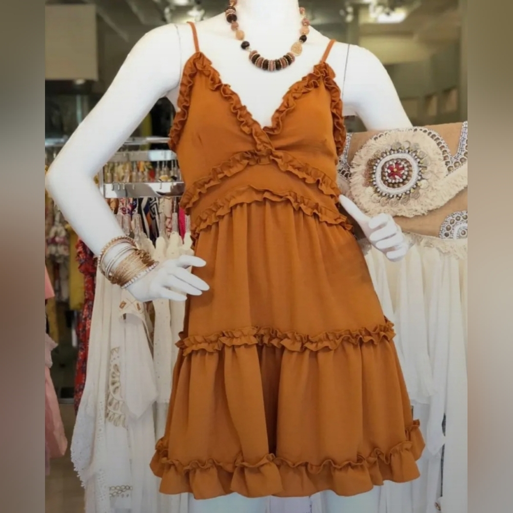 Iris ruffled mini dress Fall burnt orange womans size L